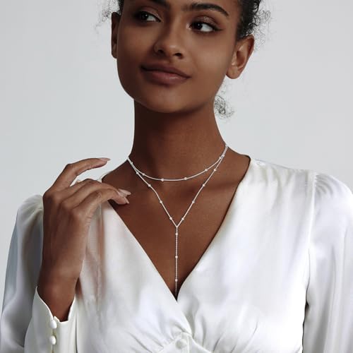 Luxval Lariat Gold Necklace for Women, Dainty Long Necklace 14k Gold Plated/Silver Y-Shaped Pendant Necklaces Trendy Beaded Chain Drop Necklaces Jewelry for Women Gifts - color: Silver-Y Layered Bead Necklace