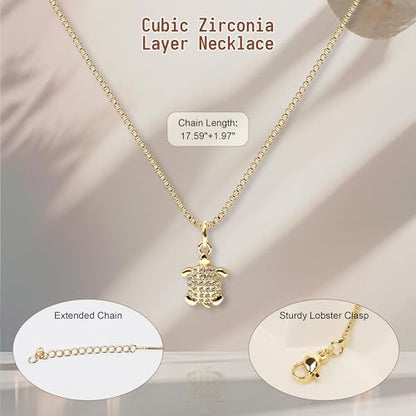 Dainty Gold Necklace for Women, 14K Gold Plated Cubic Zirconia Pendant Necklace, Dainty Fish Sea Turtle Pendant Necklace Ocean Beach Cute Trendy Gold Jewelry Necklaces for Women Gift - style: Sea Turtle