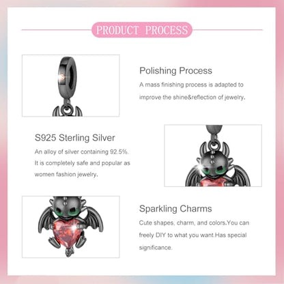 S925 Sterling Silver Cute Bead Charm for Pandora Bracelets and Necklaces | Lucky Clover Cute Animal Pink Bow Cherry Butterfly Pendant Bead Charms Jewelry Making Gifts for Women Valentines Mother's Day - style: Black Dragon Bead Charm