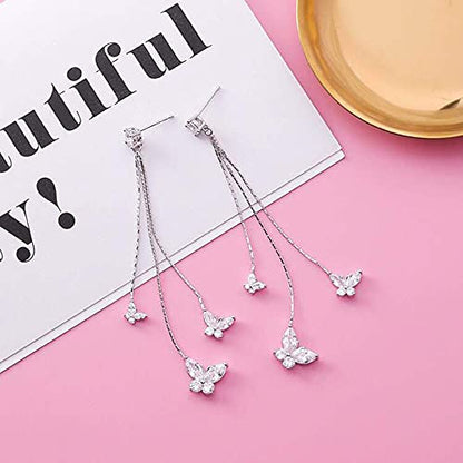 Temperament Crystal Butterfly Drop Dangle Earrings for Women Long Tassel Butterfly Stud Earrings - color: Silver