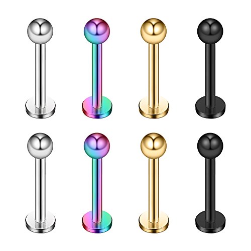 8PCS Assorted Colors Stainless Steel Body Jewelry Ball Eyebrow Ear Navel Belly Lip Piercing Bar Ring 16G 8mm - style: Lip Ring with Balls
