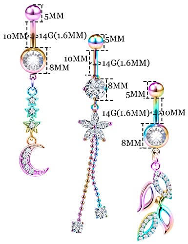 7PCS 14G 10mm Stainless Steel Dangle Belly Button Rings for Women Belly Piercing CZ Inlaid - style: Rainbrow