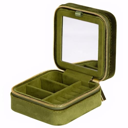 Velvet Jewelry Box, Small Travel Jewelry Organizer, Portable Jewelry Case for Women with Mirror, Green Mini Plush Travel Box - color: Green