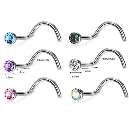 BelezaDosas 6pcs G23 Titanium Nose Studs 18G 20G Screw Nose Ring Press Fit 2mm 2.5mm 3mm Piercing Jewelry for Sensitive Skin - style: 18G 2.5mm CZ 6PCS