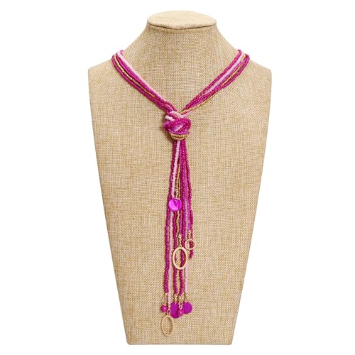 Coiris Long Seed Beaded Multi Strand Necklace,10 Multiple Statement Long Bib Necklace with Tie Knot for Women and Girls Jewelry - color: Rose