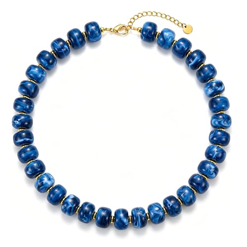 Chunky Colorful Beaded Necklace for Women Boho Summer Statement Resin Choker Necklaces Beach Jewelry Accessories - color: Navy Blue