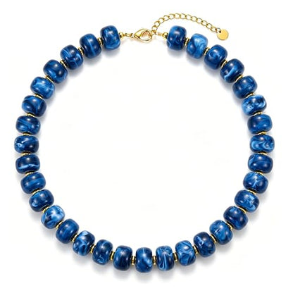 Chunky Colorful Beaded Necklace for Women Boho Summer Statement Resin Choker Necklaces Beach Jewelry Accessories - color: Navy Blue