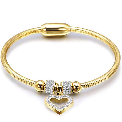 Jude Jewelers Stainless Steel Heart Charm Cubic Zircon Anniversary Valentine Bangle Bracelet - color: Gold