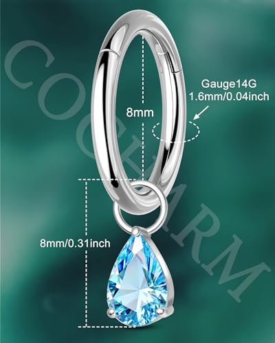 COCHARM Titanium Clicker Hoop Belly Button Ring, 8mm 14G Teardrop Belly Navel Ring, Dangling Hoop Belly Piercing Jewelry Nickel Free - color: Silver-Blue CZ