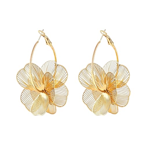 Dangle Flower Gold Earrings for Women, Trendy Statement Hoop Earrings, Gold Floral Drop Earrings Jewelry for Gifts - color: golden flower