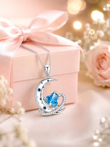 Birthstone Necklace for Women White Gold Moon and Star Pendant Moon Jewelry Anniversary Birthday Gifts for Mom Wife Her - color: 12. December - Blue Topaz