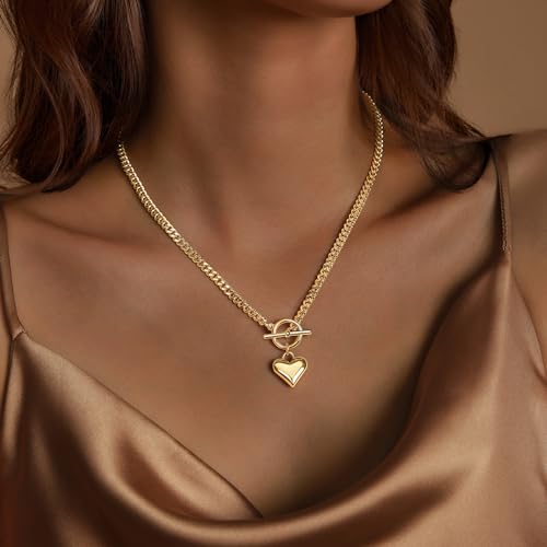 IMBOS 14K Gold Plated Chunky Chain Choker Necklaces for Women Chunky Gold Necklace Tennis Necklace for Women CZ Love Chain Cuban Link Choker Jewelry Gifts - color: Gold-Heart Necklace