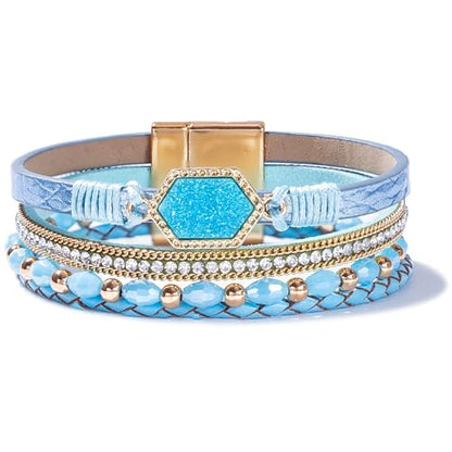 FANCY SHINY Crystal Beaded Leather Wrap Bracelet Stackable Boho Jewelry for Women Resin Stone Bangle Cuff with Magnetic Clasp - color: Teal