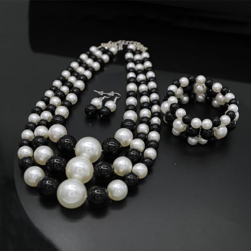 JNF Faux Pearl Statement Necklaces Big Beaded Necklace for Women Chunky Pearls Necklace and Earring Set Large beads Costume Necklace - color: Black white pearl necklace
