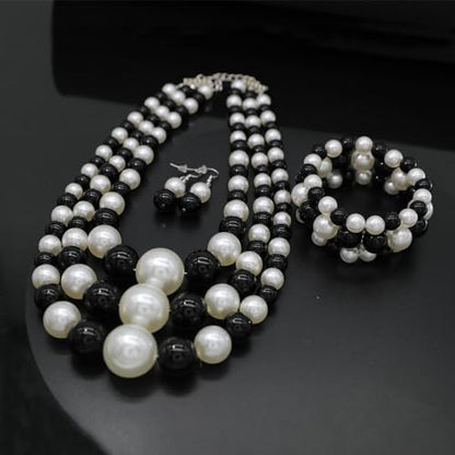 JNF Faux Pearl Statement Necklaces Big Beaded Necklace for Women Chunky Pearls Necklace and Earring Set Large beads Costume Necklace - color: Black white pearl necklace