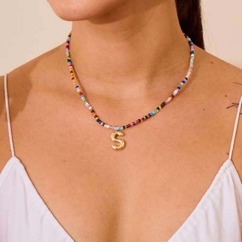 VRIUA Colorful Initial Necklaces for Women – Bubble Letter A-Z Necklace Handmade Beaded Necklace Dainty Initial Necklaces for Girls Kids - Teen Girls Gifts Trendy Jewelry - color: Gold, style: S