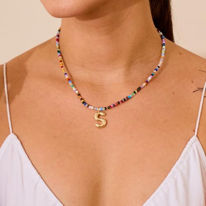 VRIUA Colorful Initial Necklaces for Women – Bubble Letter A-Z Necklace Handmade Beaded Necklace Dainty Initial Necklaces for Girls Kids - Teen Girls Gifts Trendy Jewelry - color: Gold, style: S