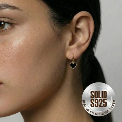 SLUYNZ Solid 925 Sterling Silver Black Heart Hoop Earrings for Women Teens Love Heart Hoop Earrings Huggie - color: B-18K Gold Plated