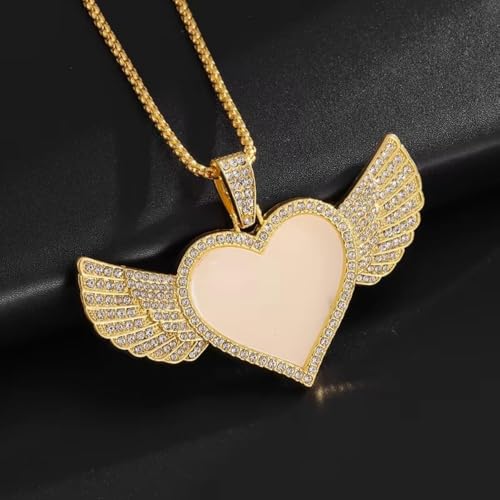 Hip Hop Ice Out Angel Wings Heart Shaped Photo Frame Pendant Necklace for Men and Women Fashion Souvenirs Jewelry Gifts - color: golden