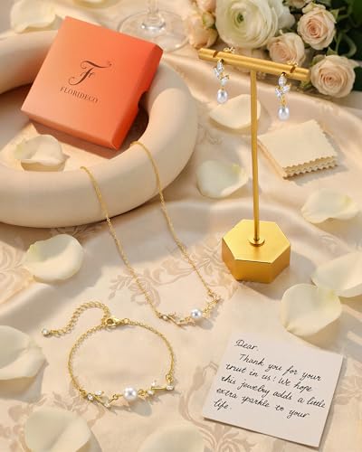 3Pcs 14K Gold Plated Pearl Bridal Jewelry Set for Women | Pearl necklace, drop earrings and bracelet set with cubic zirconia for bride bridesmaid wedding prom and party accessories - color: Gold Plated-3CZ-Pearl