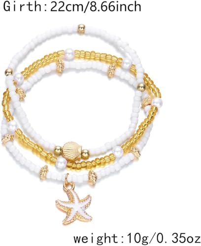 Boho Beach Anklet Set, 3-Layer White Beaded with Gold Shell and Starfish Charms, Pearl Accents