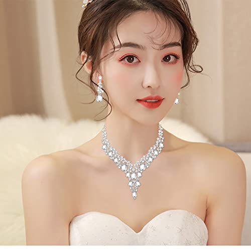 CSY Elegant Crystal Costume Jewelry Sets Flower Bridal Necklace Earrings Stretch Bangle Set for Bride Bridesmaid Wedding Dress Accessories - color: white crystal-silver tone