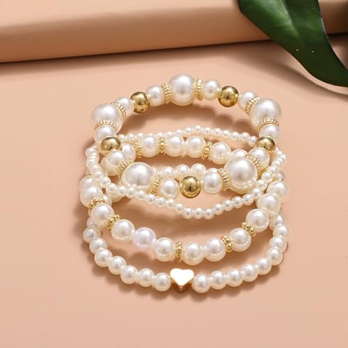 4Pcs Pearl Beaded Bracelet Set, Stackable Elastic Bracelets with Gold Heart, Elegant Faux Pearl Jewelry Gifts for Women