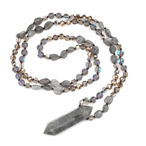 Long Necklaces for Women Boho, Oval Waterdrop Turquoise Pendant, Natural Stone Beaded, Handmade,Vintage & Elegance, Boho Fashion Charm Beaded Necklace for Women - style: A-Labradorite Pendant