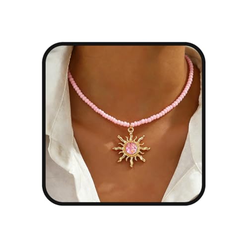 Tgirls Boho Beaded Choker Necklace Opal Bead Necklace Sun Pendant Summer Jewelry for Women - color: Pink