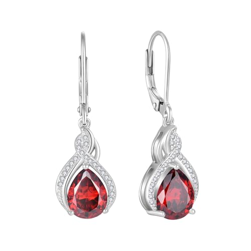 925 Sterling Silver Infinity Teardrop Earrings for Women | Lwsary Dangle Drop Leverback Earrings, Pear Shaped Birthstone Jewelry for Her - color: Red
