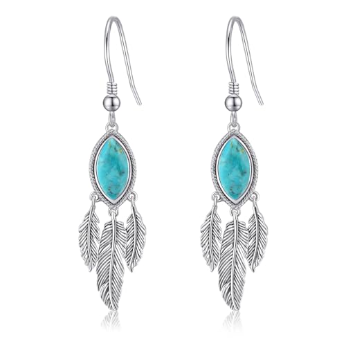 AVECON Turquoise Dangle Earrings for Women, Sterling Silver Feather Jewelry | Genuine Western Marquise Boho Pierced, Native American Jewelry with Hook and Leaf, for Cowgirl & Cowboy - color: Turquoise