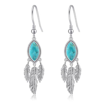 AVECON Turquoise Dangle Earrings for Women, Sterling Silver Feather Jewelry | Genuine Western Marquise Boho Pierced, Native American Jewelry with Hook and Leaf, for Cowgirl & Cowboy - color: Turquoise