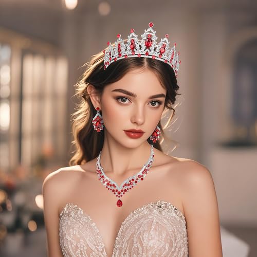 Crowns and Tiaras jewelry sets for Wedding princess birthday party Halloween Prom Pageant Jewelry for Women Crystal Bridal Jewelry Set for women - color: Silver Red