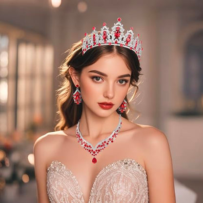 Crowns and Tiaras jewelry sets for Wedding princess birthday party Halloween Prom Pageant Jewelry for Women Crystal Bridal Jewelry Set for women - color: Silver Red