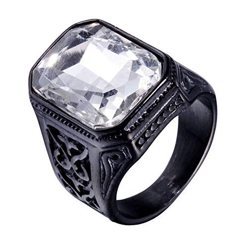 PAURO Promise Rings with Big Stone | Men's Stainless Steel, Vintage Wedding Promise Ring with Big Stone - color: Black White
