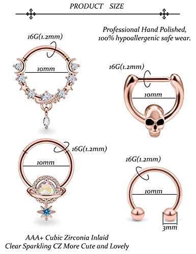Vsnnsns 16G Septum Rings Piercing Jewelry 316L Stainless Surgical Steel Skull Flower Dangle Clicker Horseshoe Septum Nose Rings Hoop Piercing Jewelry for Women Men Silver Black Rose Gold 10mm - color: Rose Gold Tone