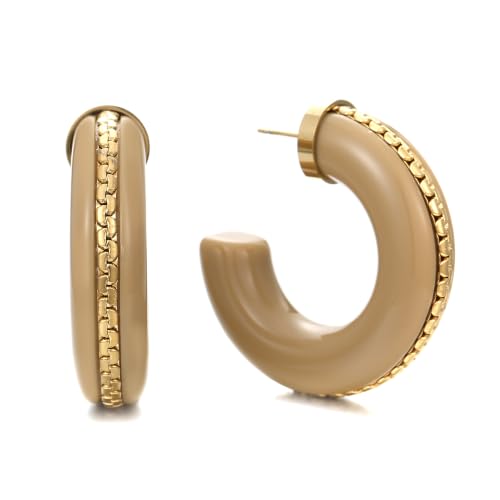 Gold Plated Resin Chunky Hoop Earrings Hypoallergenic Push Back Hoops for Sensitive Ears - color: Beige