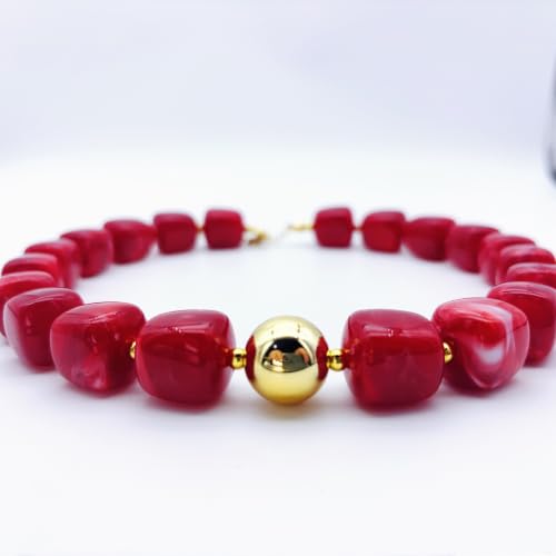 Red Beaded Necklace for Women Chunky Beaded Necklace Adjustable Acrylic Bead Choker Necklaces Big Statement Necklaces Jewelry Accessories - color: 15MMSquareBead