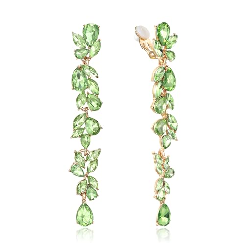 Crysdue Clip On Earrings for Women Rhinestone Crystal Teardrop Cluster Wedding Bridal Non Pierced Long Dangle Earring for Prom Party - color: Light Green Silver-Tone