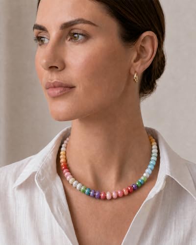 AMOREA Colorful Natural Gemstone Choker Necklace for Women, 5x8mm Genuine Stone Beads, Gold Accent Collarbone Necklace, Summer Vacation Jewelry - color: Sunset Candy
