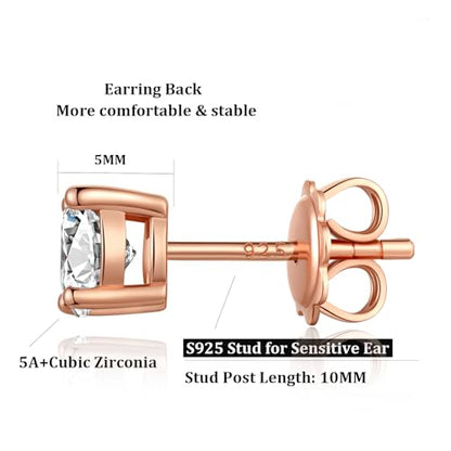 925 Sterling Silver Cubic Zirconia Stud Earrings for Women/Men Hypoallergenic Stud Earrings 4MM-8MM - style: C: Round Stud-Rose Color