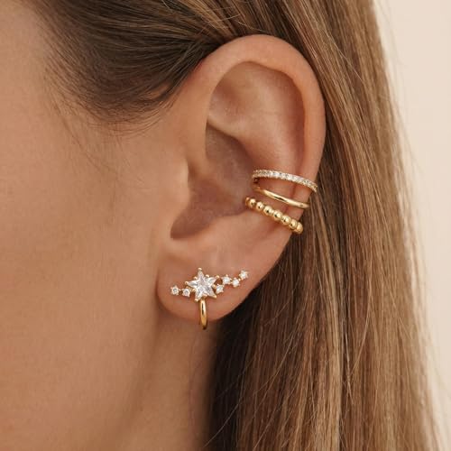 Ear Cuffs Non Piercing Ear Cuff for Women Clip on Huggie Hoop Earrings Gold Fake Earring Cuff with Chain Clips Minimalist Jewelry - color: B2:4pcs gold