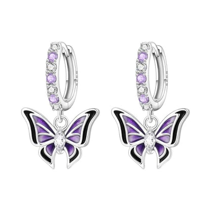 925 Sterling Silver Hoop Earrings Drop Dangle Earrings for Women Hypoallergenic Earring Trendy Huggie Earring Cute Graduation Birthday Gifts Jewelry for Women - color: Purple butterfly earrings