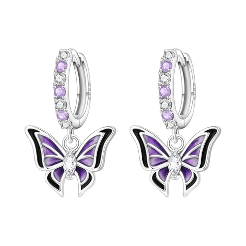 925 Sterling Silver Hoop Earrings Drop Dangle Earrings for Women Hypoallergenic Earring Trendy Huggie Earring Cute Graduation Birthday Gifts Jewelry for Women - color: Purple butterfly earrings