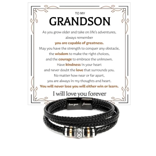 To My GrandSon Bracelet – Love You Forever Braided Leather Bracelet, Meaningful GrandSon Gift from Grandpa & Grandma with Heartfelt Message Card & Elegant Gift Box for Birthday, Christmas - color: Version#8