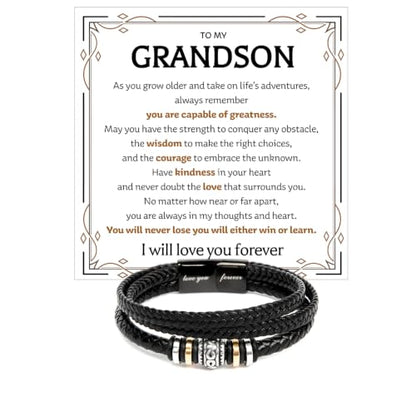 To My GrandSon Bracelet – Love You Forever Braided Leather Bracelet, Meaningful GrandSon Gift from Grandpa & Grandma with Heartfelt Message Card & Elegant Gift Box for Birthday, Christmas - color: Version#8