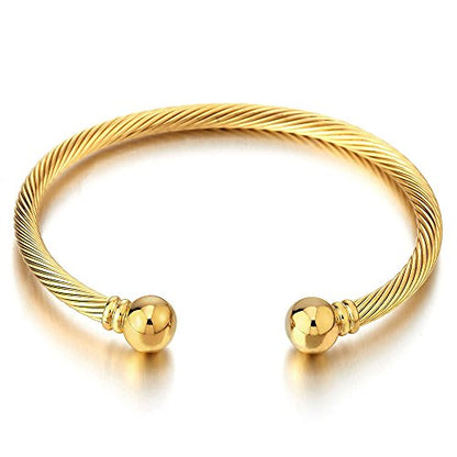 COOLSTEELANDBEYOND Elastic Adjustable Stainless Steel Cuff Bangle Bracelet for Mens Womens - color: B-Metal Color: Gold