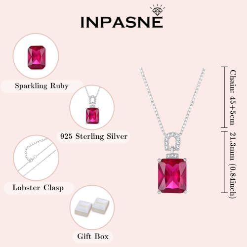 Emerald Cut Birthstone Necklace for Women 925 Sterling Silver | Baguette Birthstone Pendant Necklace, Jewelry for Mom Wife - color: Red