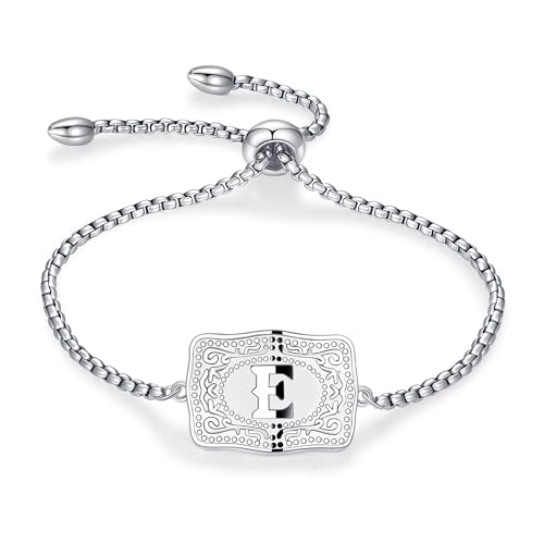 Belt Buckle Initial Bracelet for Women, 18K Gold/Silver Plated Belt Buckle Initial A-Z Bracelet, Unique Western Style Jewelry Gifts for Women Men - style: E