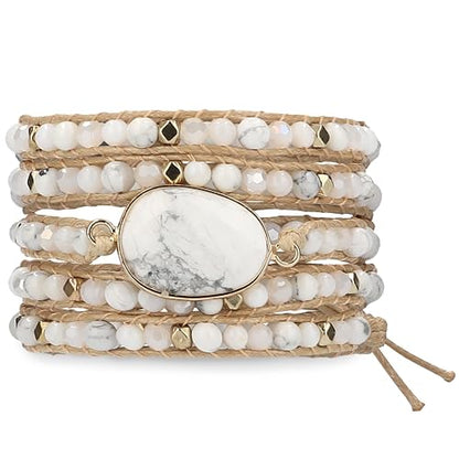 Bracelet for Women – Handmade Vegan Boho Natural Stone Layered Bracelet, Thailand Bohemian Stackable Beaded Wrap Bracelets, Summer Hippie Bracelet Stack, Fashion Jewelry Gifts - color: A26-Silky White